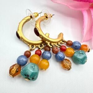 Vintage Liz Claiborne Ornate Matte Gold Tone Colorful Beaded Half Hoop Earrings